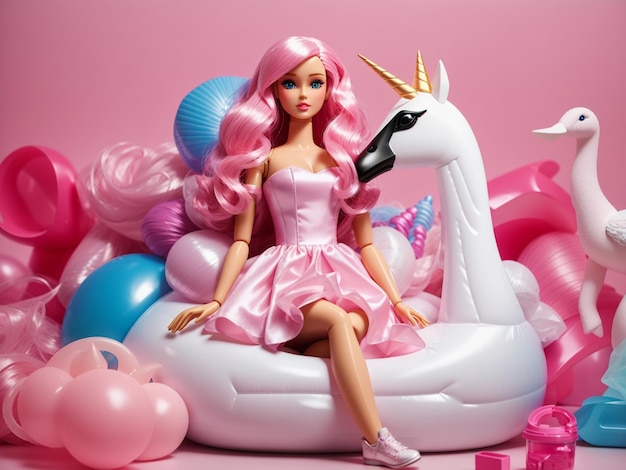 Creatieve compositie van een barbie pop met roze haar en zwaan eenhoorn opblaasbaar speelgoed