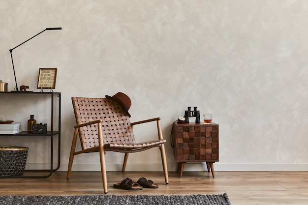 Creatieve compositie van elegant mannelijk woonkamerinterieur met kopieerruimte, bruine fauteuil, ontworpen commode, industriële plank en persoonlijke accessoires. Sjabloon.