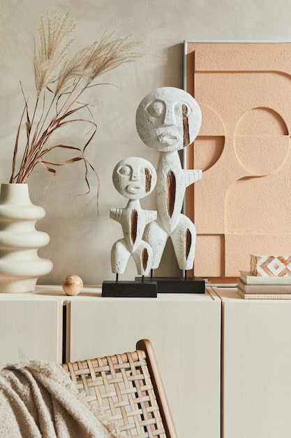 Creatieve compositie van modern beige woonkamerinterieur met twee ontworpen sculpturen, structuurschildering, beige houten dressoir en boho-geïnspireerde persoonlijke accessoires. Sjabloon.