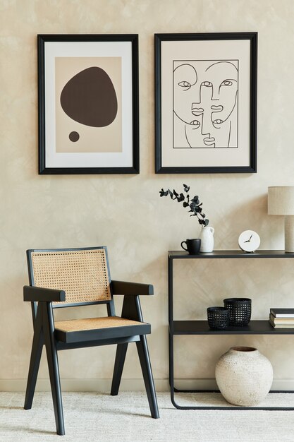 Creatieve compositie van stijlvol modern woonkamerinterieur met twee mock-up posterframes, zwarte geometrische commode, fauteuil en persoonlijke accessoires. Neutrale kleuren. Sjabloon.