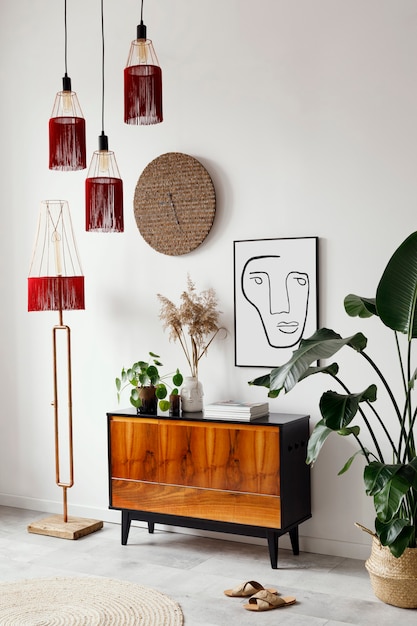 Foto creatieve compositie van stijlvol woonkamerinterieur met frame houten commode planten hangende decoratie en accessoires retro en vintage concept neutrale muren parketvloer