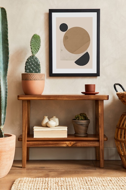 Creatieve compositie van stijlvol woonkamerinterieur met mock-up posterframe, houten plank, cactussen en persoonlijke accessoires. Plant liefde en natuur concept. Sjabloon.