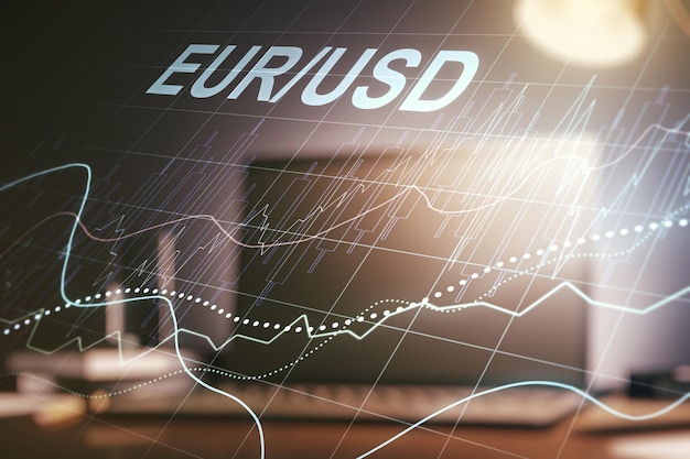 Creatieve EURO USD forex grafiekschets op moderne laptop achtergrondstrategie en prognoseconcept Multiexposure