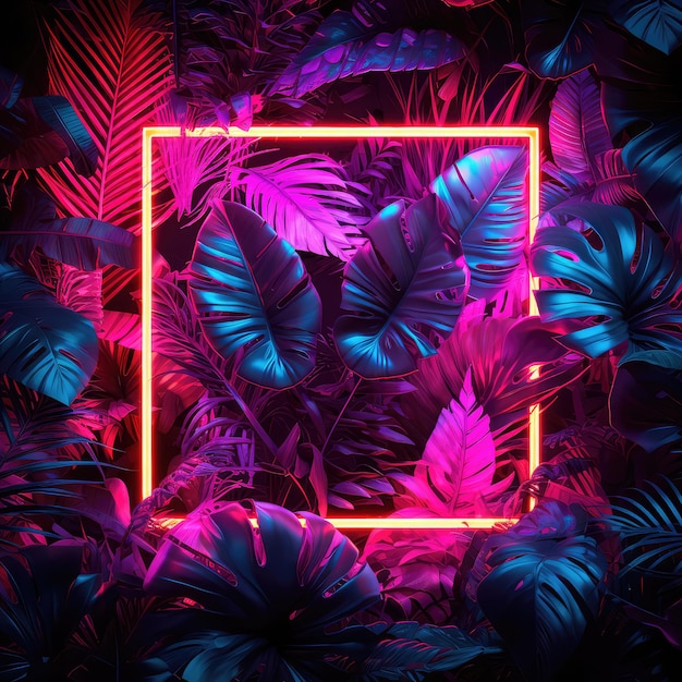 Foto creatieve fluorescerende kleur lay-out gemaakt van tropische bladeren met neon licht vierkant generatieve ai