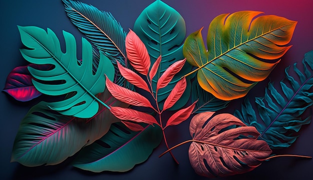 Creatieve fluorescerende kleurenlay-out gemaakt van tropische bladeren Plat lag neonkleuren Natuurconcept