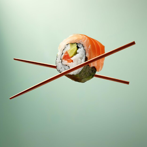 Foto creatieve fotografie vliegende sushi rol met eetstokjes op witte pastel achtergrond