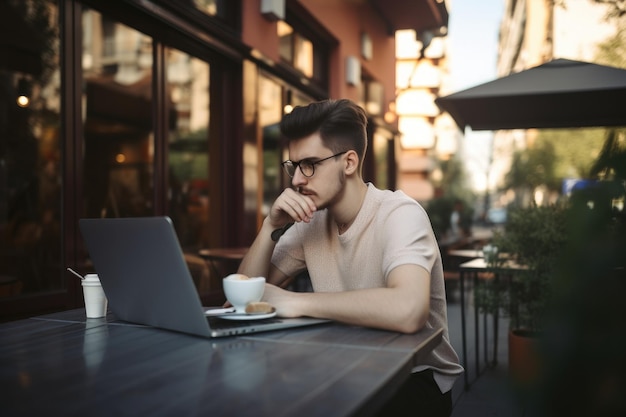 Creatieve freelancer in openluchtcafé typen op laptop gemaakt met generatieve ai