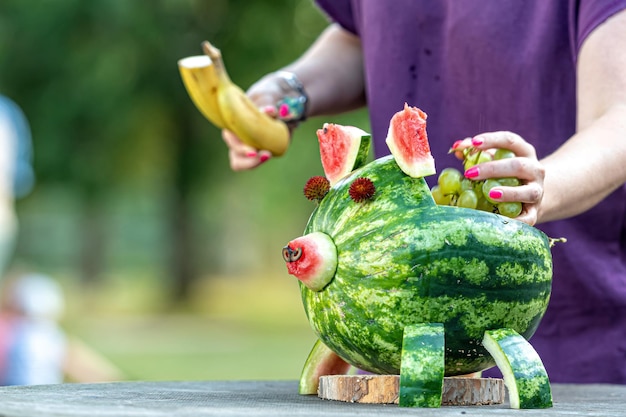 Creatieve fruitschaal in de vorm van een varken gemaakt van het concept van watermeloencreativiteit