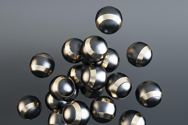 Creatieve glanzende metalen zilveren ballen op grijze achtergrond Ontwerpconcept 3D-Rendering