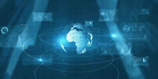 Creatieve gloeiende digitale zakelijke scherminterfacetextuur met wereldbol en grafieken Spy hud en wereldconcept 3D-rendering