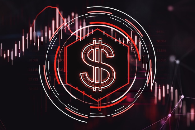 Creatieve gloeiende dollar met neerwaartse rode kandelaargrafiek op donkere achtergrond Financiële crisis en recessieconcept 3D Rendering