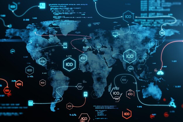 Foto creatieve gloeiende ico grid achtergrond met kaart en pictogrammen op blauwe achtergrond initial coin offering en cryptocurrency concept 3d rendering