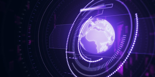 Creatieve gloeiende paarse kaart of wereldbol hologram op donkere achtergrond Aarde metaverse en technologie concept 3D Rendering
