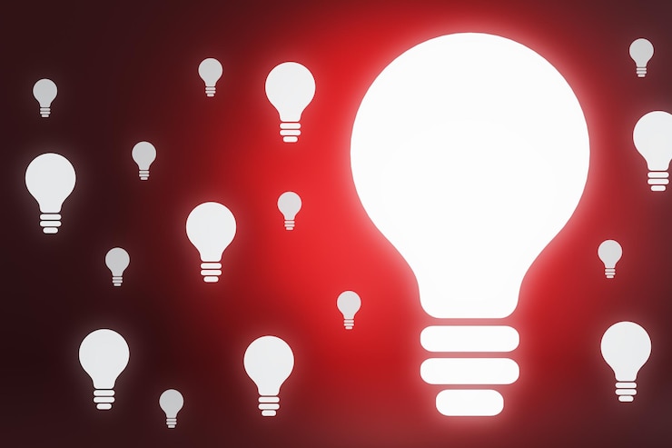 Foto creatieve gloeilamp op rode achtergrond met heldere mock-up plaats idee en succes concept 3d-rendering