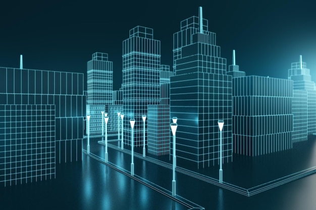 Creatieve grafische blauwe stad achtergrond Gebouw en centrum concept 3D-rendering