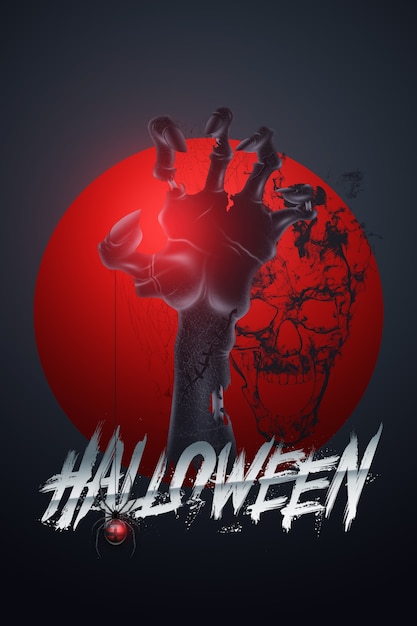 Creatieve halloween-achtergrond. halloween-letters en zombiehand op een donkere achtergrond.