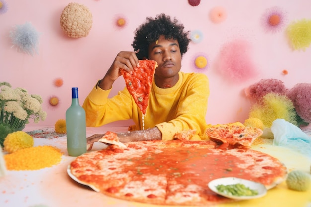 Creatieve illustratie gegenereerd met ai van afro man pizza eten in grappige ingerichte roze kamer Emoties op gezicht pizzapunt in de hand Fast food minnaar concept