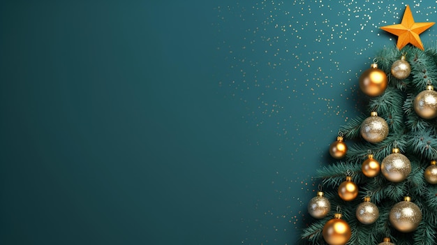 Creatieve kerst en nieuwjaar achtergrond versierde kerstboom liggend op turkooizen achtergrond
