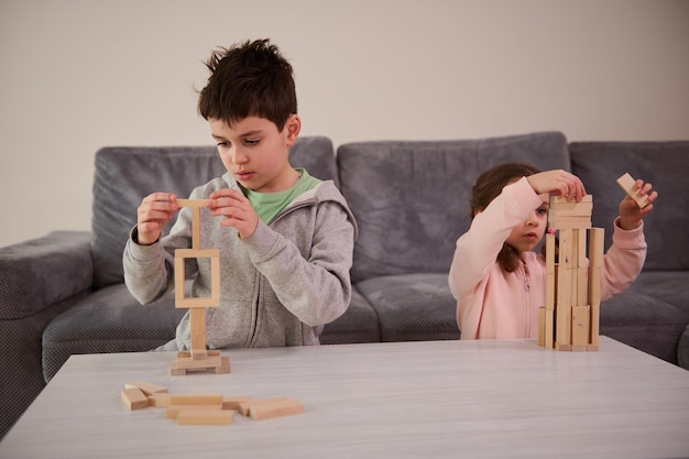 Creatieve kinderen, broer en zus concentreerden zich op het bouwen van houten blokken, het spelen van bordspellen voor de ontwikkeling en het bouwen van complexe hoge houten constructies thuis. Educatieve vrije tijd en tijdverdrijf