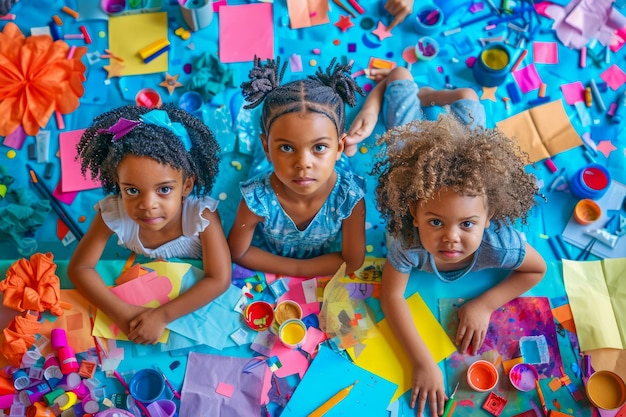 Foto creatieve kinderen die zich bezighouden met ambachtelijke activiteiten met kleurrijk papier en kunstbenodigdheden op tafel van