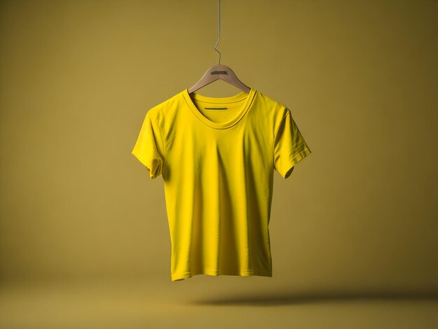 Creatieve kleur t-shirt Mockup met hanger op gele achtergrond 3D-rendering