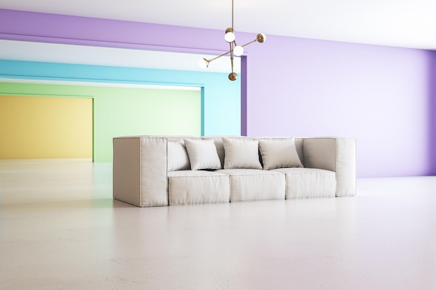 Creatieve kleurrijke gradiënt regenboog woonkamer interieur met meubels Design en creativiteit concept 3D Rendering
