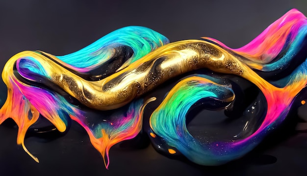 Creatieve kleurrijke neon gouden abstracte dynamische gedraaide vloeistof vloeibare vorm achtergrond 3D illustratie