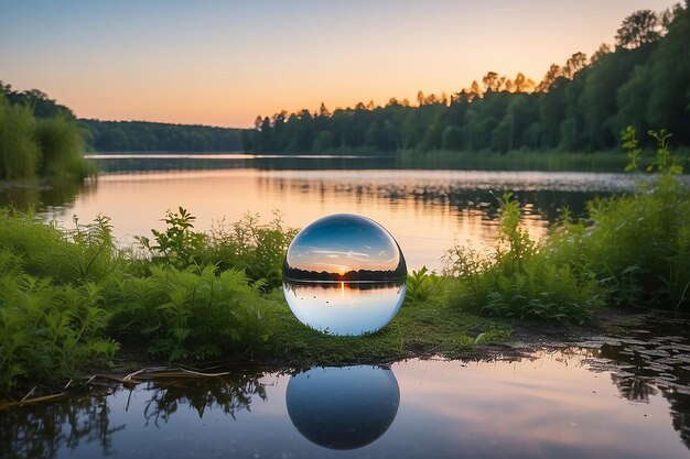 Foto creatieve kristallen lensbalfotografie van groen en een meer bij zonsondergang