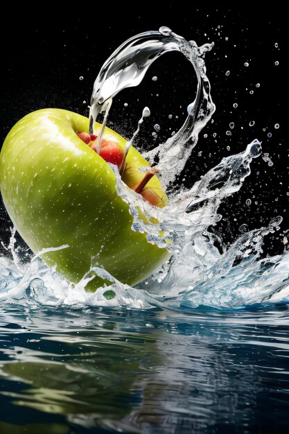 Creatieve kunstfoto van de appel die met spatten in het water valt