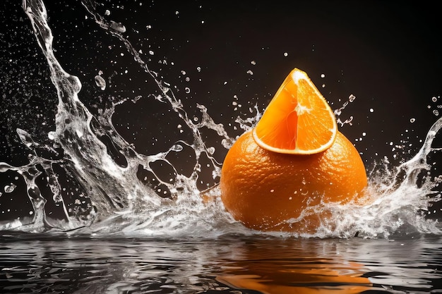 Creatieve kunstfoto van de sinaasappel die met spatten in het water valt