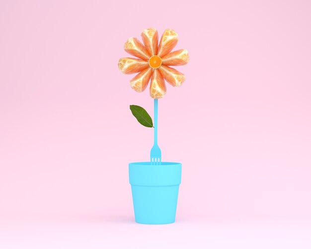 Foto creatieve lay-out die van oranje plakbloem wordt gemaakt met bloempot op roze achtergrond. minimale ide