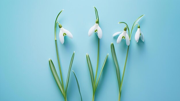 Creatieve lay-out gemaakt met sneeuwdruppelbloemen op helderblauwe achtergrond Flat lay Sprin Generative AI