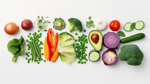 Foto creatieve lay-out gemaakt van groene erwten kool zoete aardappelen avocado tomaten ui b generatieve ai