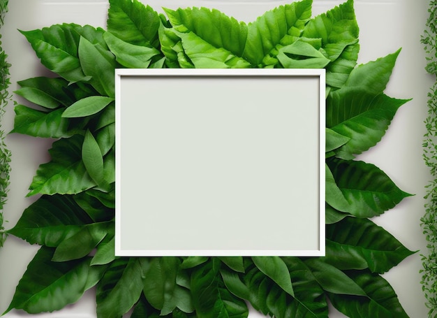 Creatieve lay-out groene bladeren met witte vierkante frame AI gegenereerd