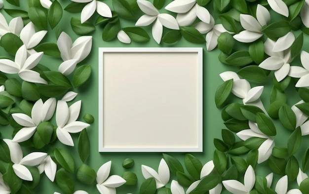 creatieve lay-out groene bladeren met witte vierkante frame plat leggen voor reclame kaart of uitnodiging