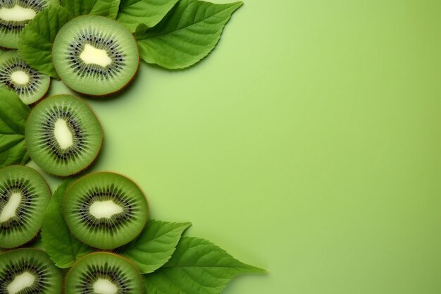 Creatieve lay-out van kiwi en bladeren Platte legging Voedselconcept Kiwi op groene achtergrond