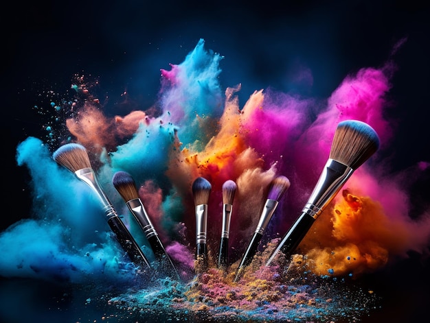 Creatieve make-upborstels met kleurrijk make-uppoeder als decoratief op zwarte achtergrond