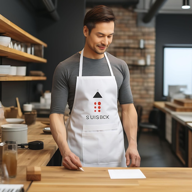 Foto creatieve mockup van een clean blank white chef apron in een traditioneel su uniform collectie ontwerp