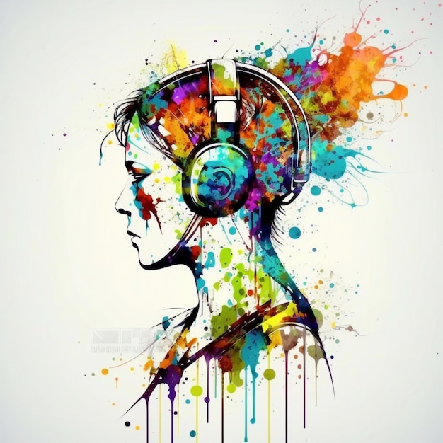 Creatieve muziekachtergrond Kleurrijk hoofd dat een koptelefoon draagt