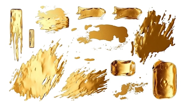 Creatieve penseelstreken van goud verf geïsoleerd op een witte achtergrond Gouden verf textuur
