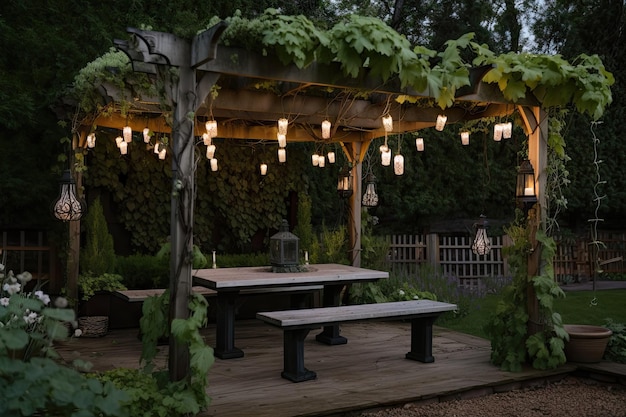 Creatieve pergola met klimplanten en hangende lantaarns