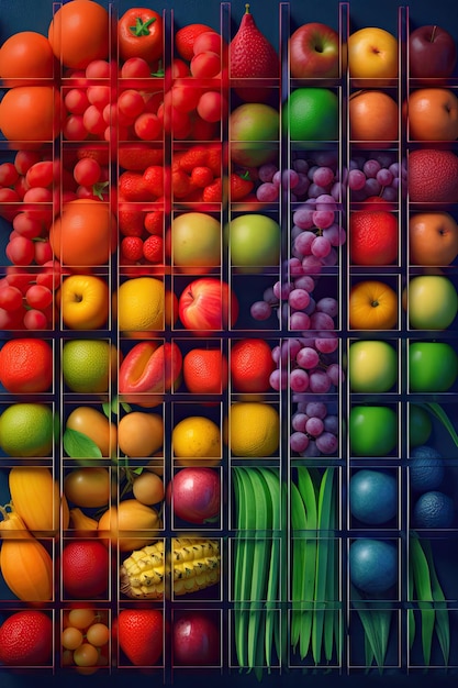Foto creatieve platliggende compositie van verschillende soorten fruit generatieve ai