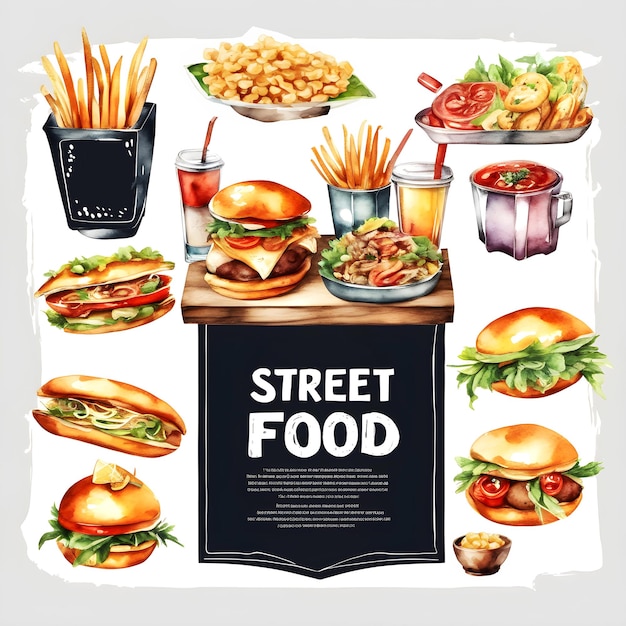 Foto creatieve poster of banner voor het promoten van fastfood waterverf met de hand geschilderde geïsoleerde illustratie