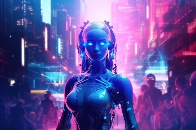 Creatieve postercollage van cyberpunk neon blauw roze stadslicht vrouwelijke robot