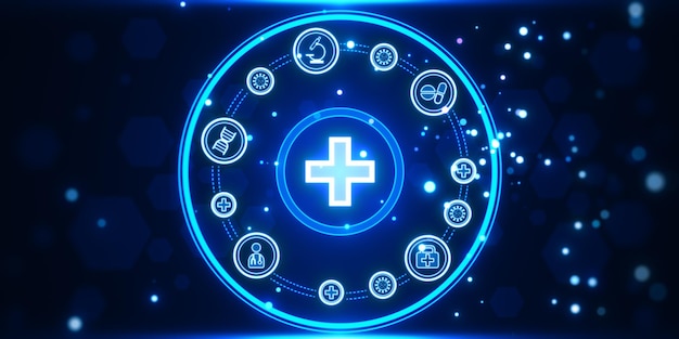 Creatieve ronde medische interface met kruis en andere iconen op blauwe achtergrond Gezondheidszorg en innovatie concept 3D-rendering