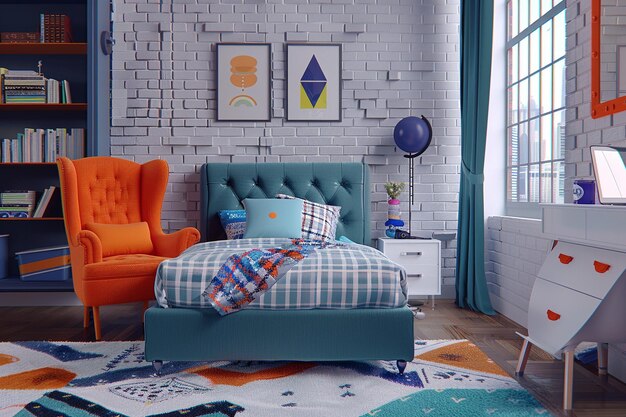 Creatieve samenstelling van een gezellige en stijlvolle slaapkamer met kopieerruimte