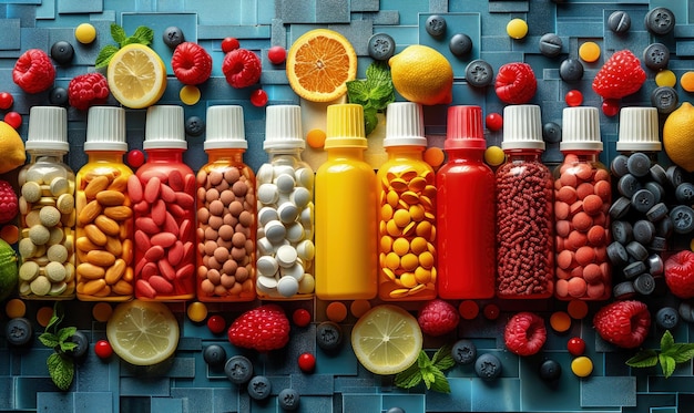 Creatieve samenstelling van verschillende vitaminen en supplementen gerangschikt in een geometrisch patroon helder en kleurrijk