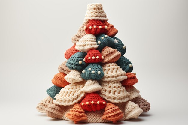 Creatieve schattige veelkleurige gebreide kerstboom op een witte achtergrond