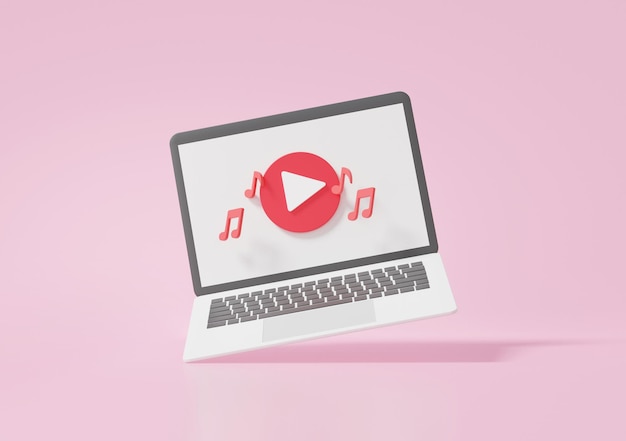 Creatieve sociale media modern afspelen van muziekvideo op laptop multimedia televisie video marketing passief inkomen concept op roze achtergrond kopie ruimte 3D-rendering illustratie