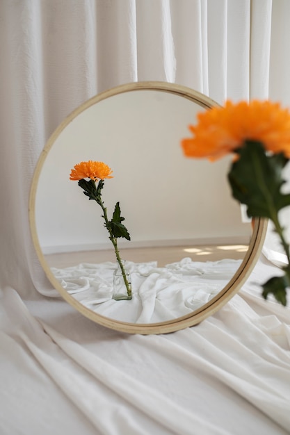 Foto creatieve spiegelachtergrond met bloem